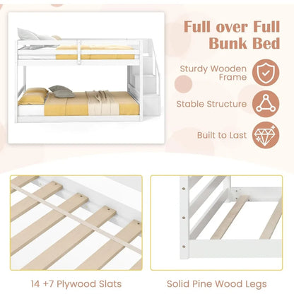 Solid wood full over full bunk bed W / staircase, storage and full-length guardrails, low loft bed