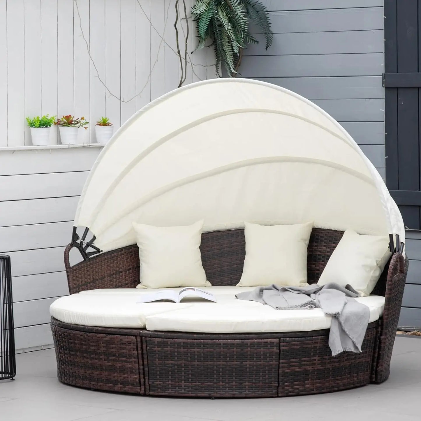 4pc Round Convertible Daybed Cushions PE Rattan Patio Sofa