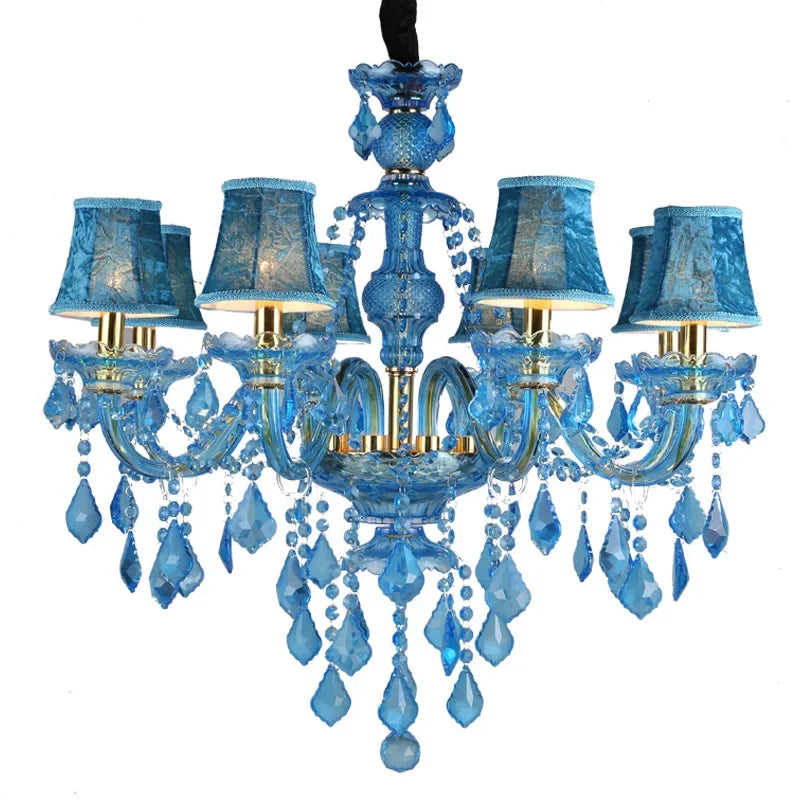 Blue Crystal Ceiling Chandeliers Printing Fabric Lampshade Hanging Lamp Modern Kitchen Restaurant Living Room LED Pendant Lights