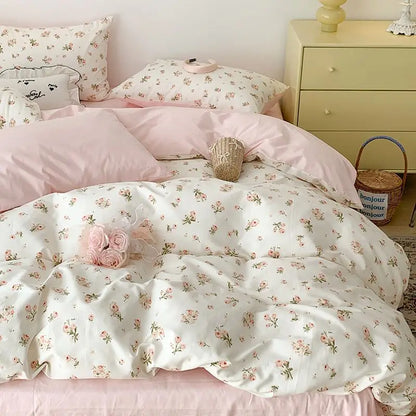 Pink Floral Bedding Set Soft Single Double Queen Size Duvet Cover Flat Sheet Pillowcase