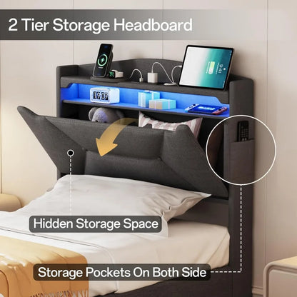 "Twin size bed frame W / storage &upholstered headboard, including drawers, charging station & led lighting"