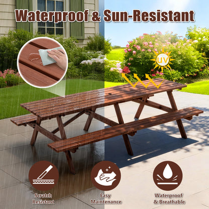 Large 12-Person Wooden Picnic Table Outdoor, Weatherproof w/ Umbrella Hole, Ideal for BBQ & Gatherings