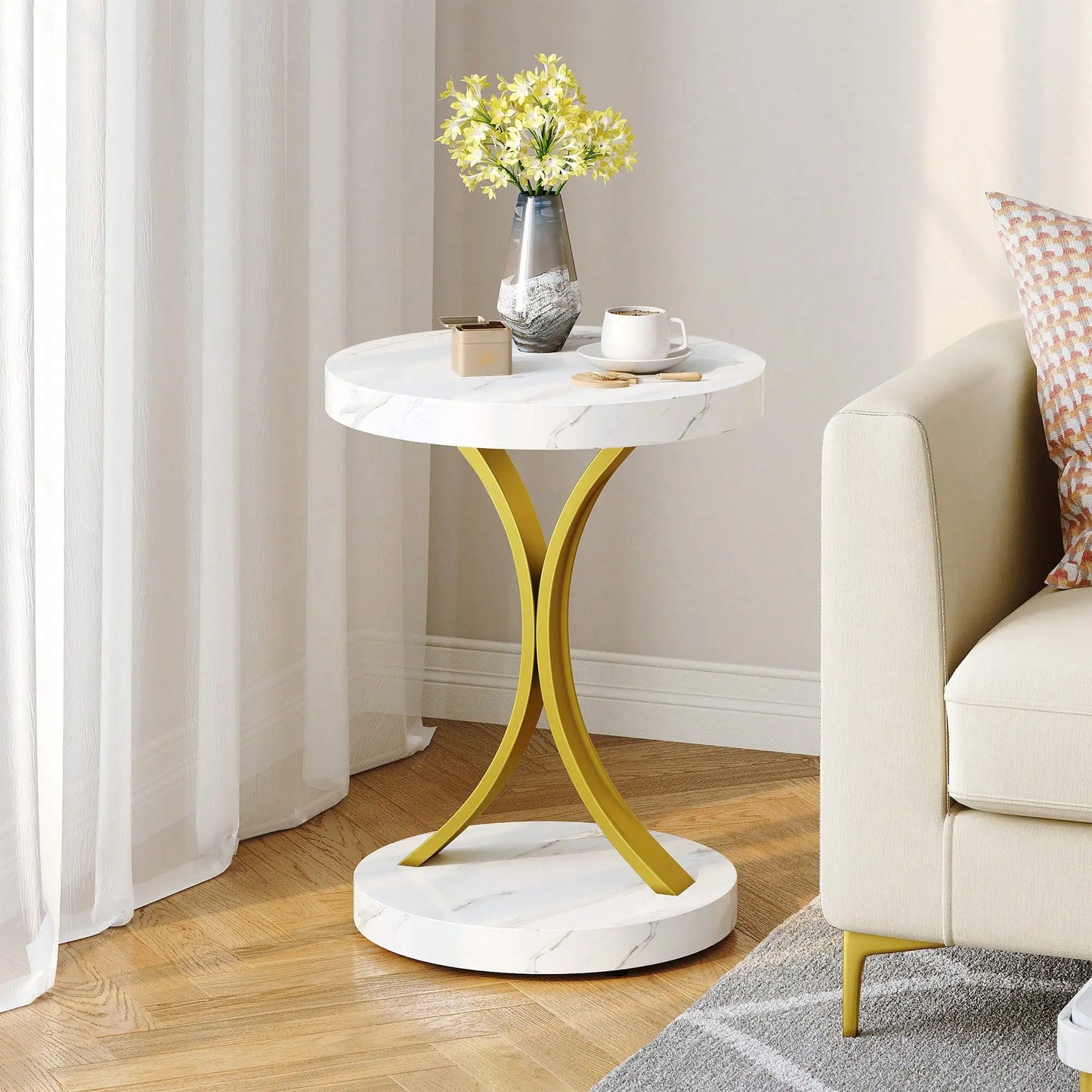 Round End Tables Side Table with Faux Marble Top