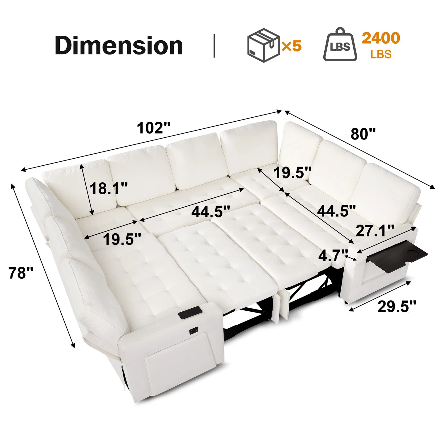 U-Shaped Modular Sectional (8-Seat) - Pull Out Bed Sleeper, Reclining Backrest, USB Ports, LED Light, Storage Seat