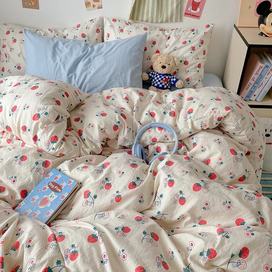 Red Strawberry Duvet Cover Set 100% Washed Cotton