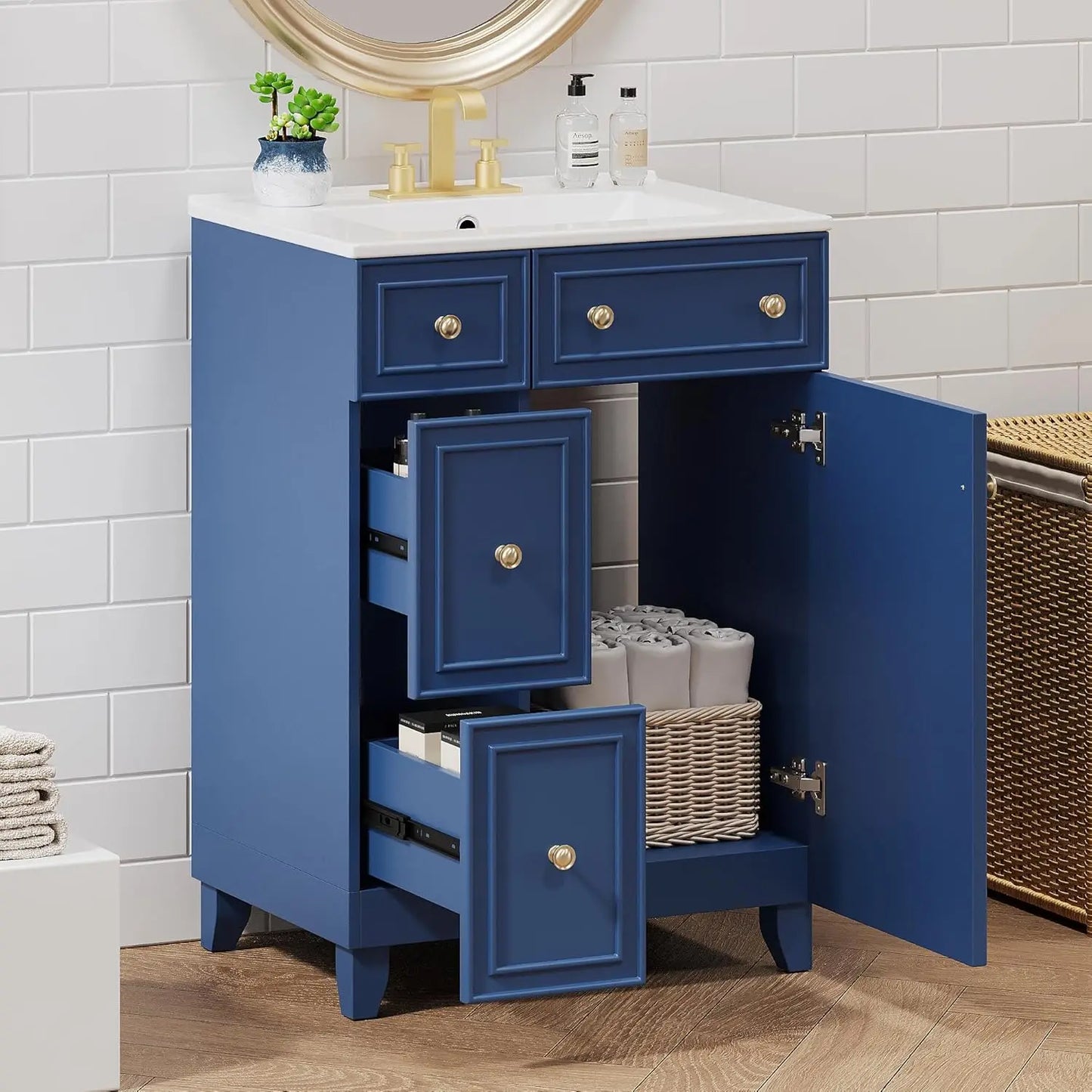 24" Free Standing Bathroom Vanity Set with Sink, 2 Drawers & Door