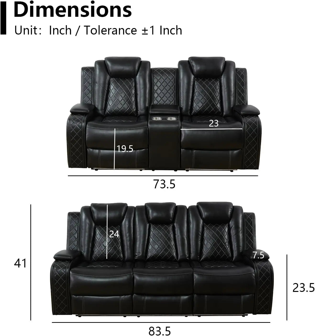 Power Recliner Sofa Set with LED Light, Black Leather Reclining Sofa and Loveseat Set 3-Seater Sofa