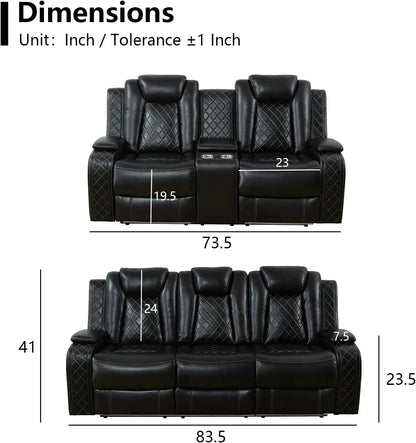 Power Recliner Sofa Set with LED Light, Black Leather Reclining Sofa and Loveseat Set 3-Seater Sofa