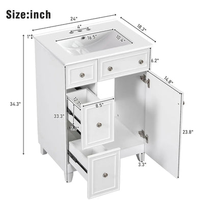 24" Free Standing Bathroom Vanity Set with Sink, 2 Drawers & Door