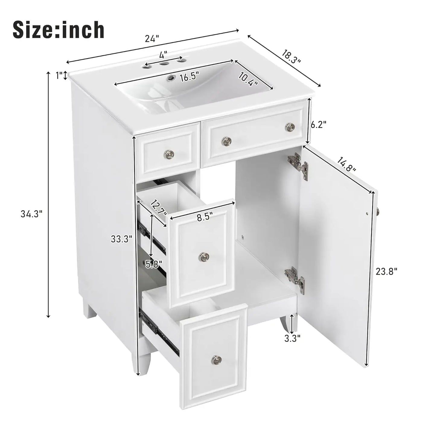 24" Free Standing Bathroom Vanity Set with Sink, 2 Drawers & Door