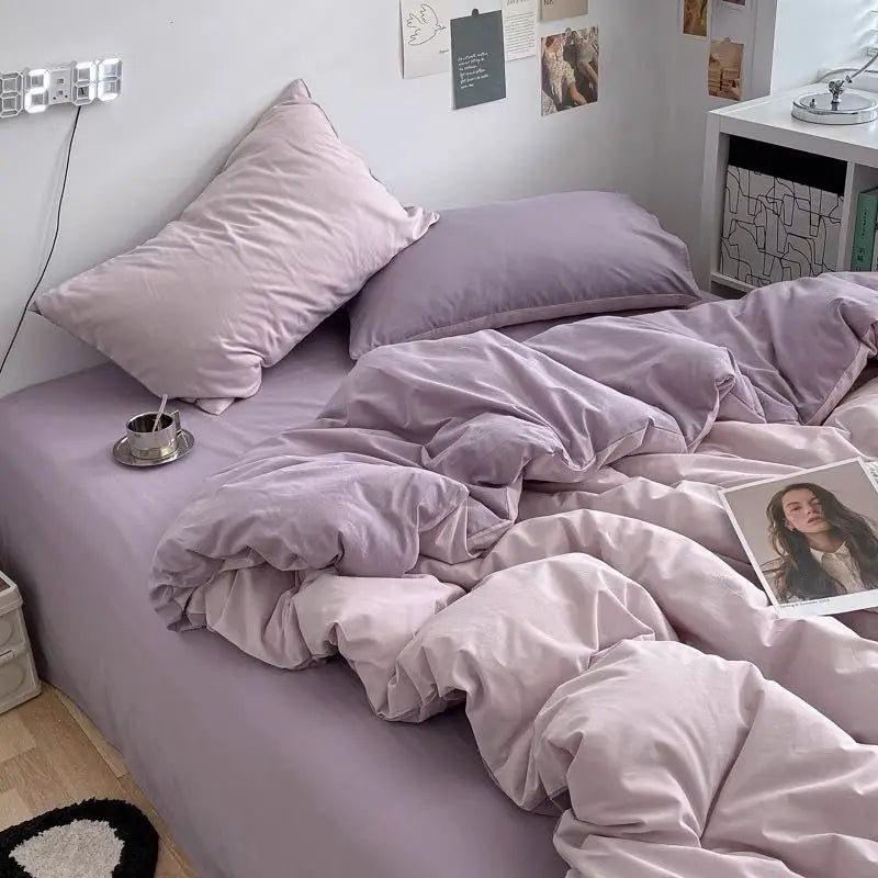 Bedding Set Ambiance Blue Coffee Grid Mixed W / Washed Cotton Fitted Sheets Duvet Cover