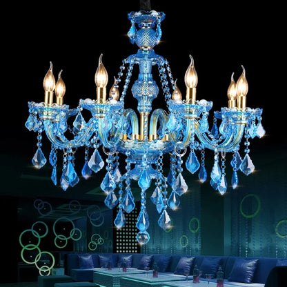 Blue Crystal Ceiling Chandeliers Printing Fabric Lampshade Hanging Lamp Modern Kitchen Restaurant Living Room LED Pendant Lights