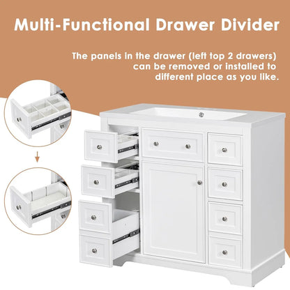 36 Inch Bathroom Vanity Cabinet Base White Storage 1 Door 6 Drawers, Customized