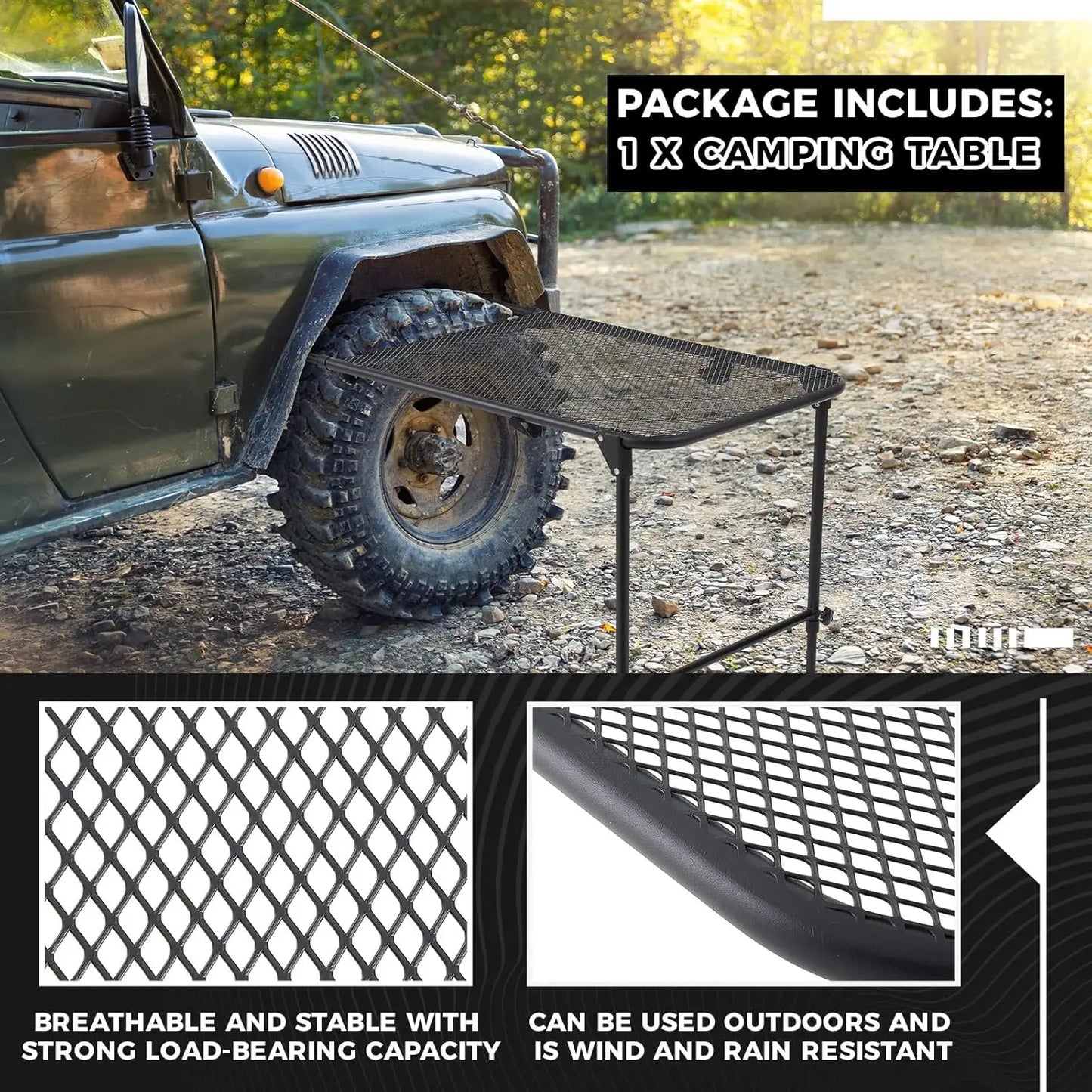 Vehicle Tire Mounted Steel Camping Table Adjustable