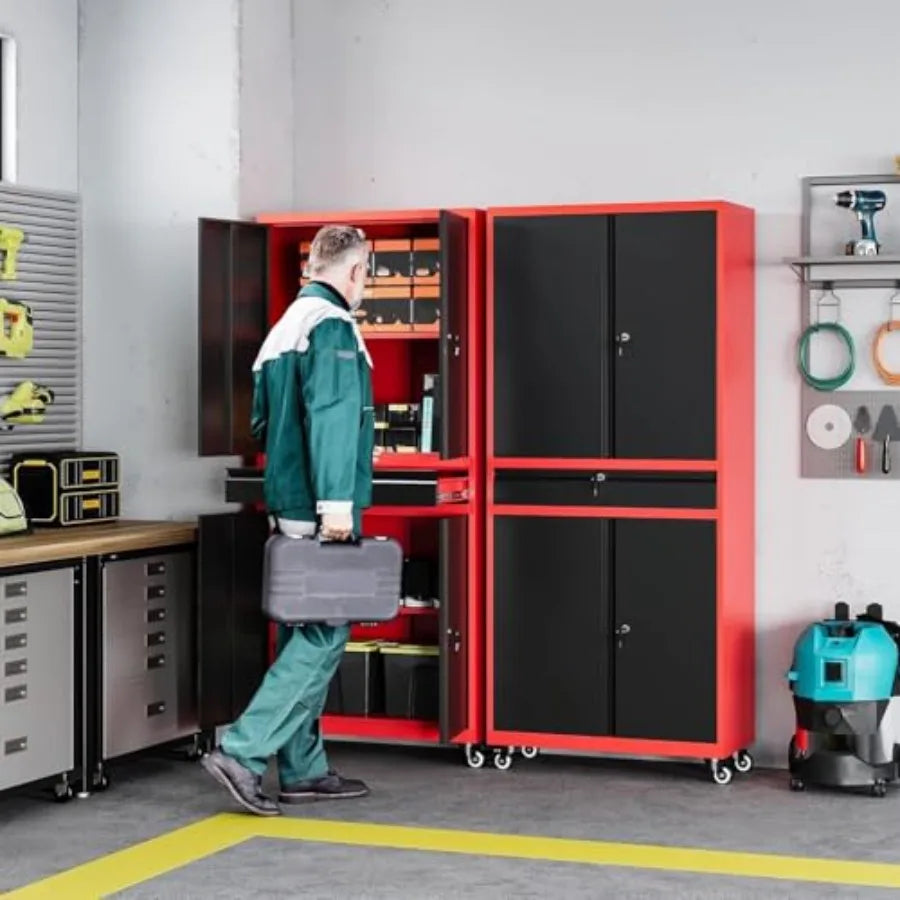 Red Metal Garage Storage Cabinet with Wheels