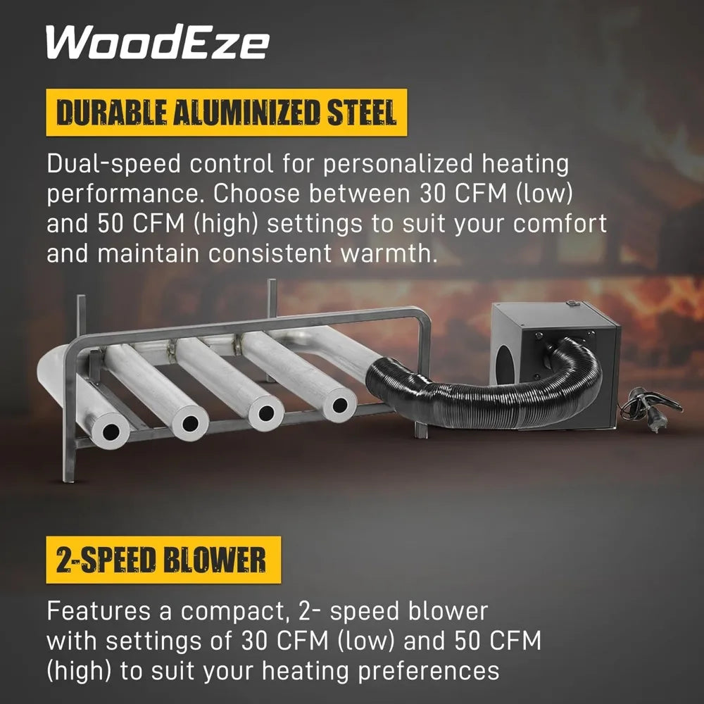 Dual-Speed Wood Fireplace Heater with 4 Aluminized Steel Tubes and Hearth Blower