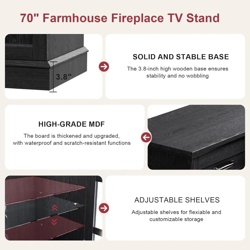 Oenomel 70 Fireplace TV Stand with 3-Sided Glass Fireplace, Modern Wood Entertainment Center with LED Lights and Glass Door, 36