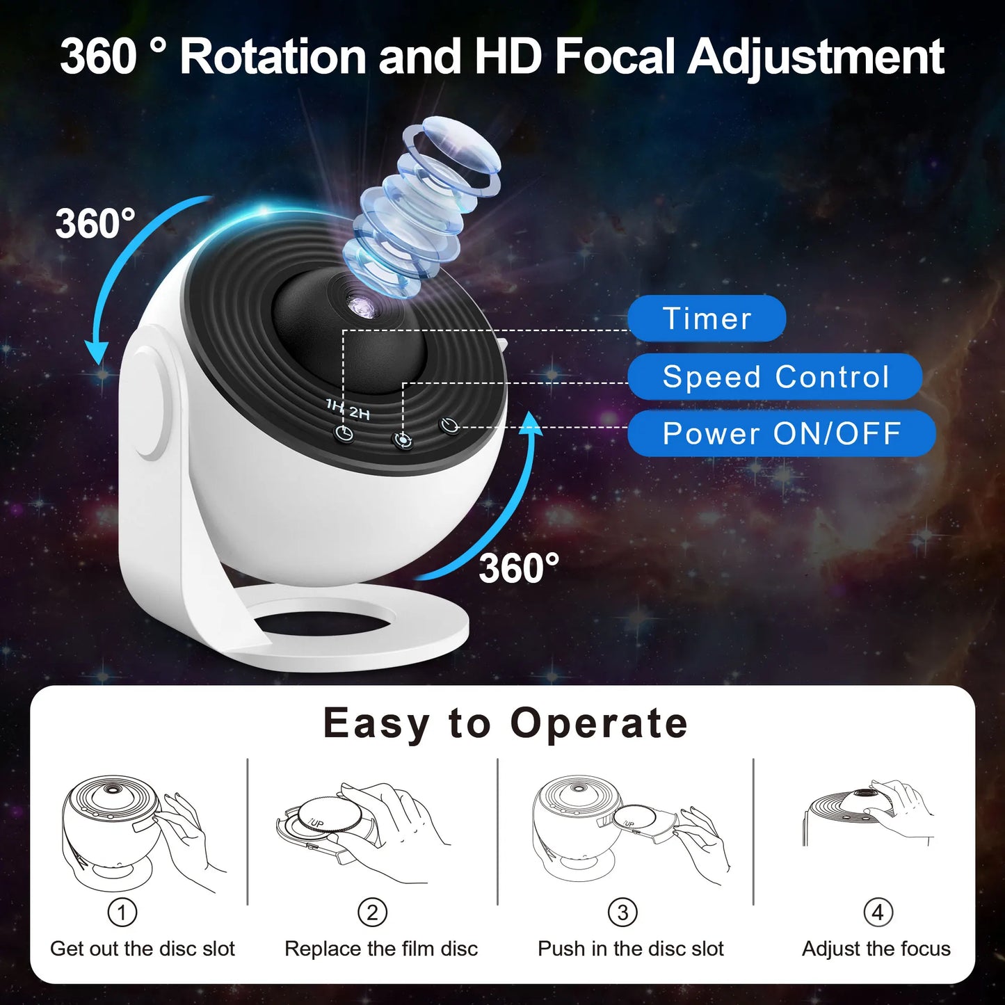 1 Galaxy Ultra Star Projector HD Image Area LED Night Light, 13 Film Discs,360° Rotate 1/2h Timer