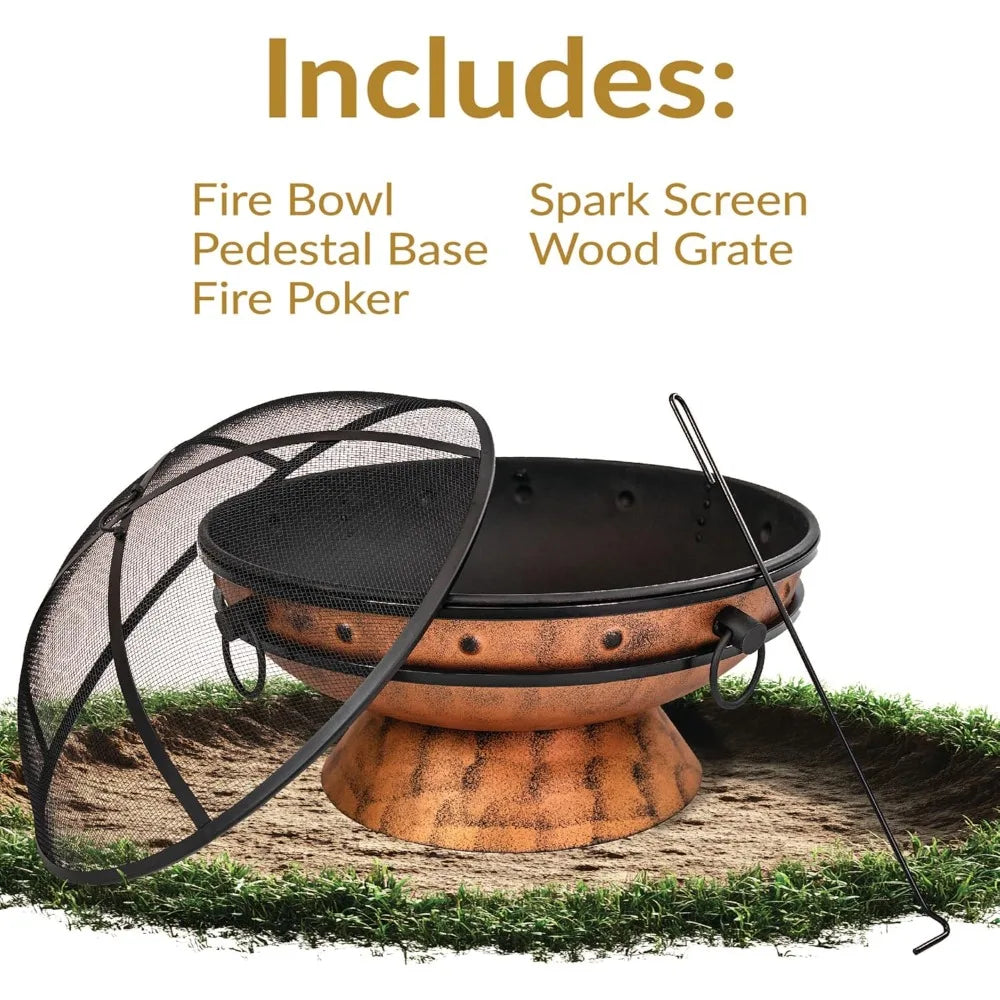 Sunnydaze 30-Inch Large Outdoor Fire Pit - Wood Burning Fire Pit for Outside with Poker and Screen - Copper Finish - Royal Cauld