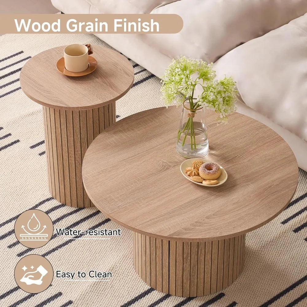 Round Nesting Coffee Tables Set of 2, Wood Slat Side Table