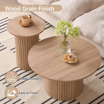Round Nesting Coffee Tables Set of 2, Wood Slat Side Table