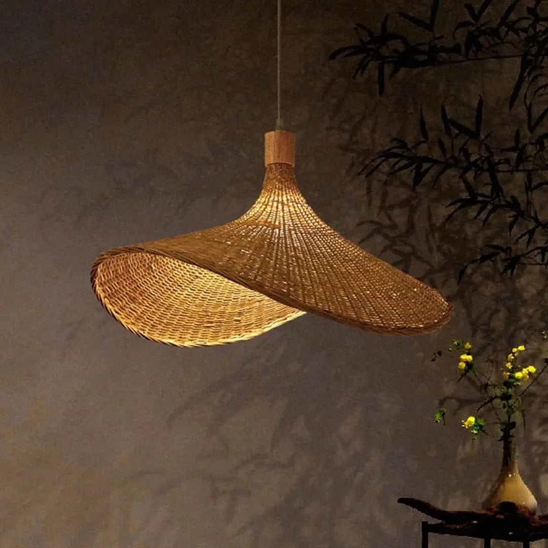 50/60cm Bamboo Weaving Chandelier Wicker Lampshade Pendant Light Retro Rattan Handwoven Hanging Lamp Hat-Shaped E27 Pendant Lamp