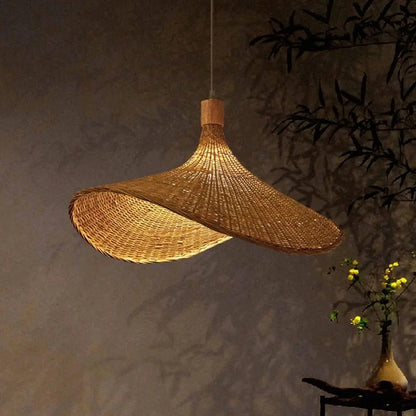 50/60cm Bamboo Weaving Chandelier Wicker Lampshade Pendant Light Retro Rattan Handwoven Hanging Lamp Hat-Shaped E27 Pendant Lamp