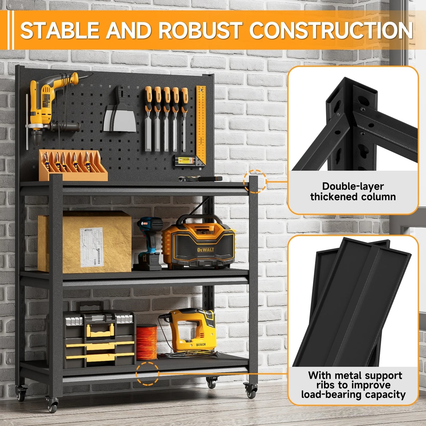 Tool Storage Workbench Rolling Shelving W/ Pegboard