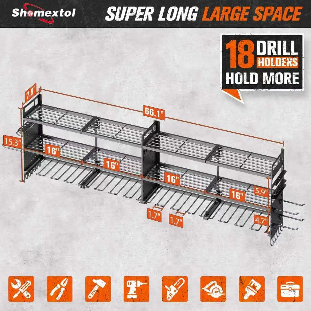 Heavy-Duty 3-Layer Wall-Mounted Mechanic Cart with 18 Drill Holders
