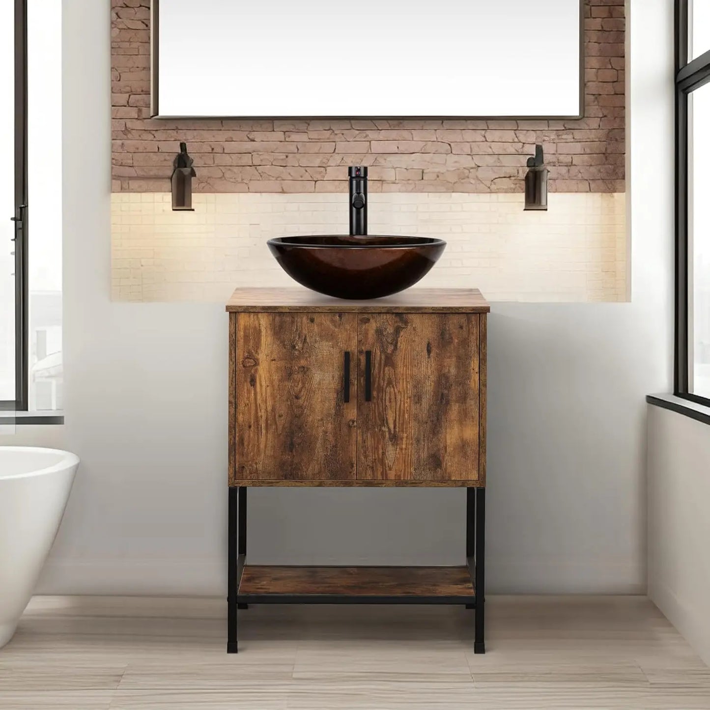Rustic Brown 24" Bathroom Vanity & Cabinet Set w/ Shelf & Vessel Sink
