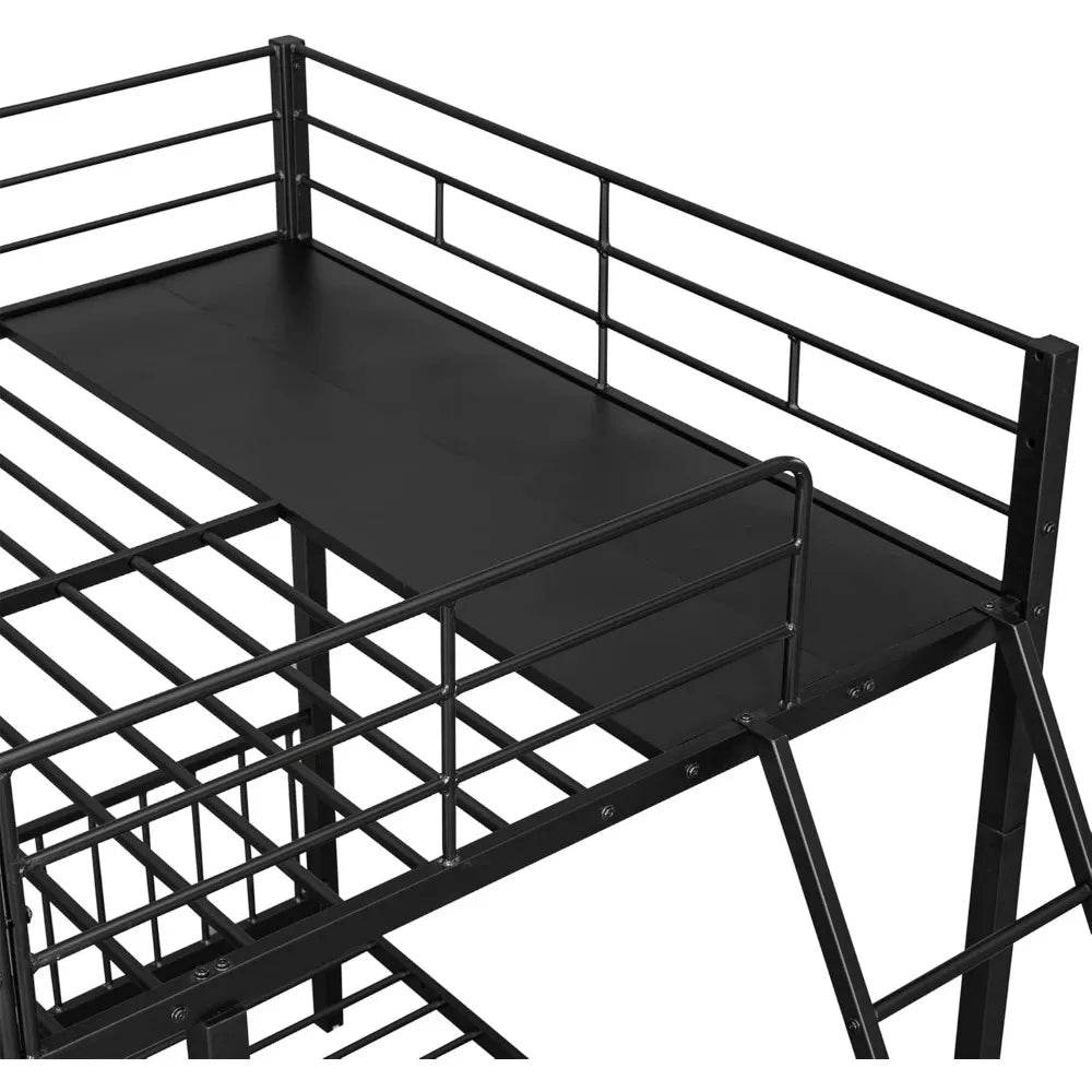 triple bunk bed with drawers, guardrails, full over twin & twin for three, space-saving design
