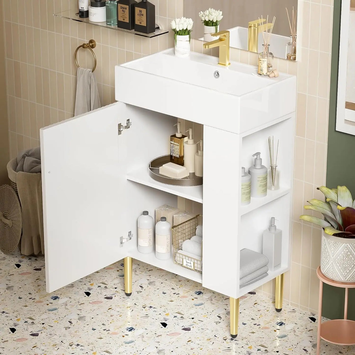 21.6" Bathroom Vanity with Single Sink, Standing Cabinet W /  Side Storage
