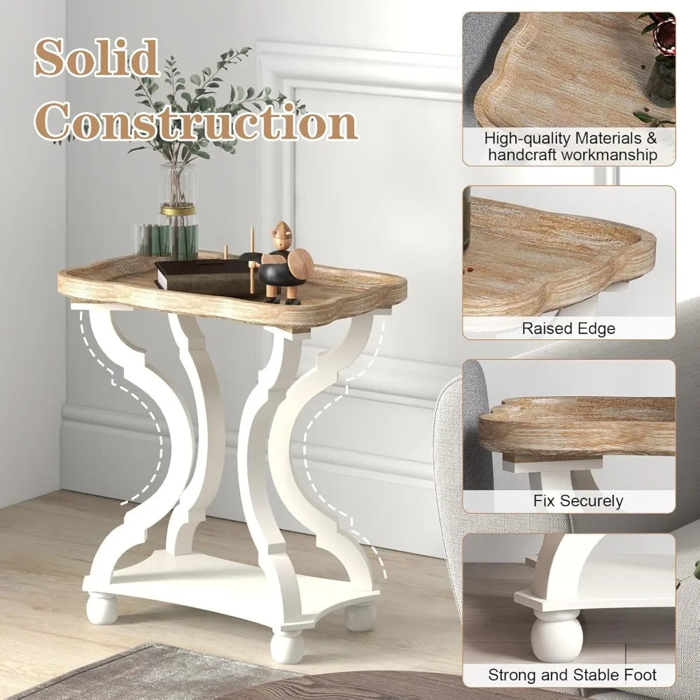 2 Farmhouse Accent End Table with Natural Tray, Solid Wood Frame