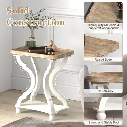 2 Farmhouse Accent End Table with Natural Tray, Solid Wood Frame
