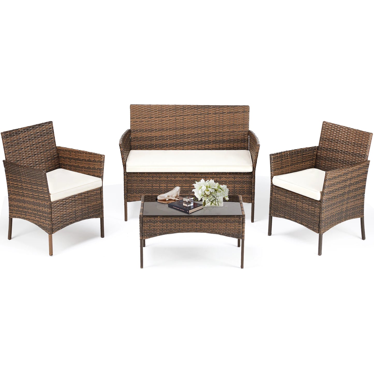JHK 4 Piece Outdoor Patio Furniture Set with Soft Cushion and Glass Table
