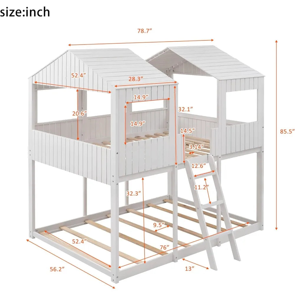 Harper & Bright Designs Full Over Full House Bunk Bed with Roof, Wood Floor Bunk Bed Frame with Window, Guardrail, Ladder for Kids