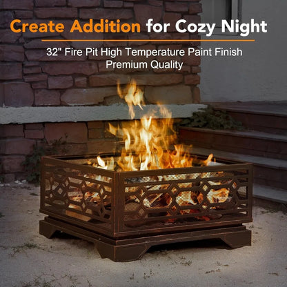 Outdoor Fire Pit, 32 Inch Wood Burning Firepit for Outside with Mesh Cover