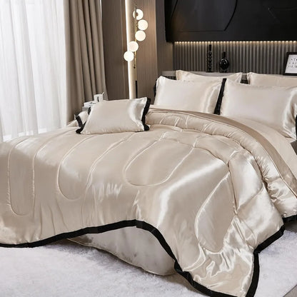 Satin King Comforter Set Silk Like Beige Bedding Comforter 8 Pieces Luxury Bed Sheet