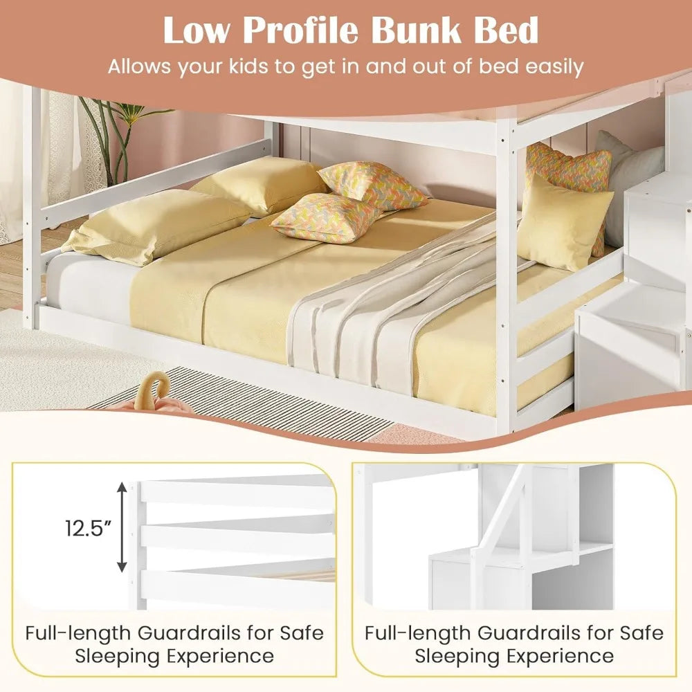 Solid wood full over full bunk bed W / staircase, storage and full-length guardrails, low loft bed