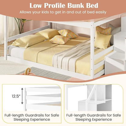 Solid wood full over full bunk bed W / staircase, storage and full-length guardrails, low loft bed