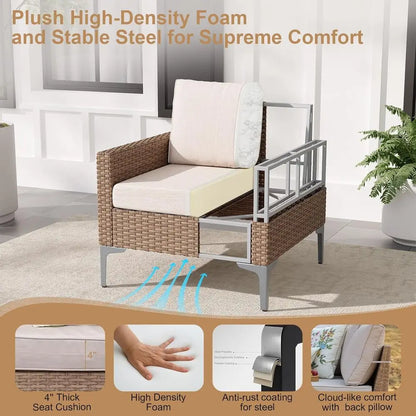 All-Weather Wicker Patio Sectional Set, Tempered Glass Table W/Thick Cushions