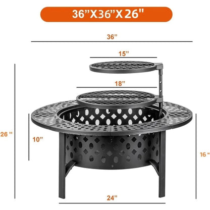 Fire Pit with 2 Grills, Wood Burning Fire Pits for Outside with Lid,