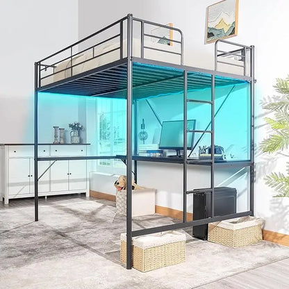 Full Size Metal Loft Bunk Bed Frame for Kids Teens Adults with Desk Underneath,2 Charging Station,LED Lights,Safety Guardrail a