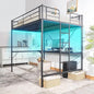 Full Size Metal Loft Bunk Bed Frame for Kids Teens Adults with Desk Underneath,2 Charging Station,LED Lights,Safety Guardrail a