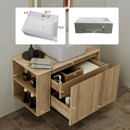 36-inch Wall-Mounted Natural Tone Bathroom Vanity with Concealed Drawer and Sink