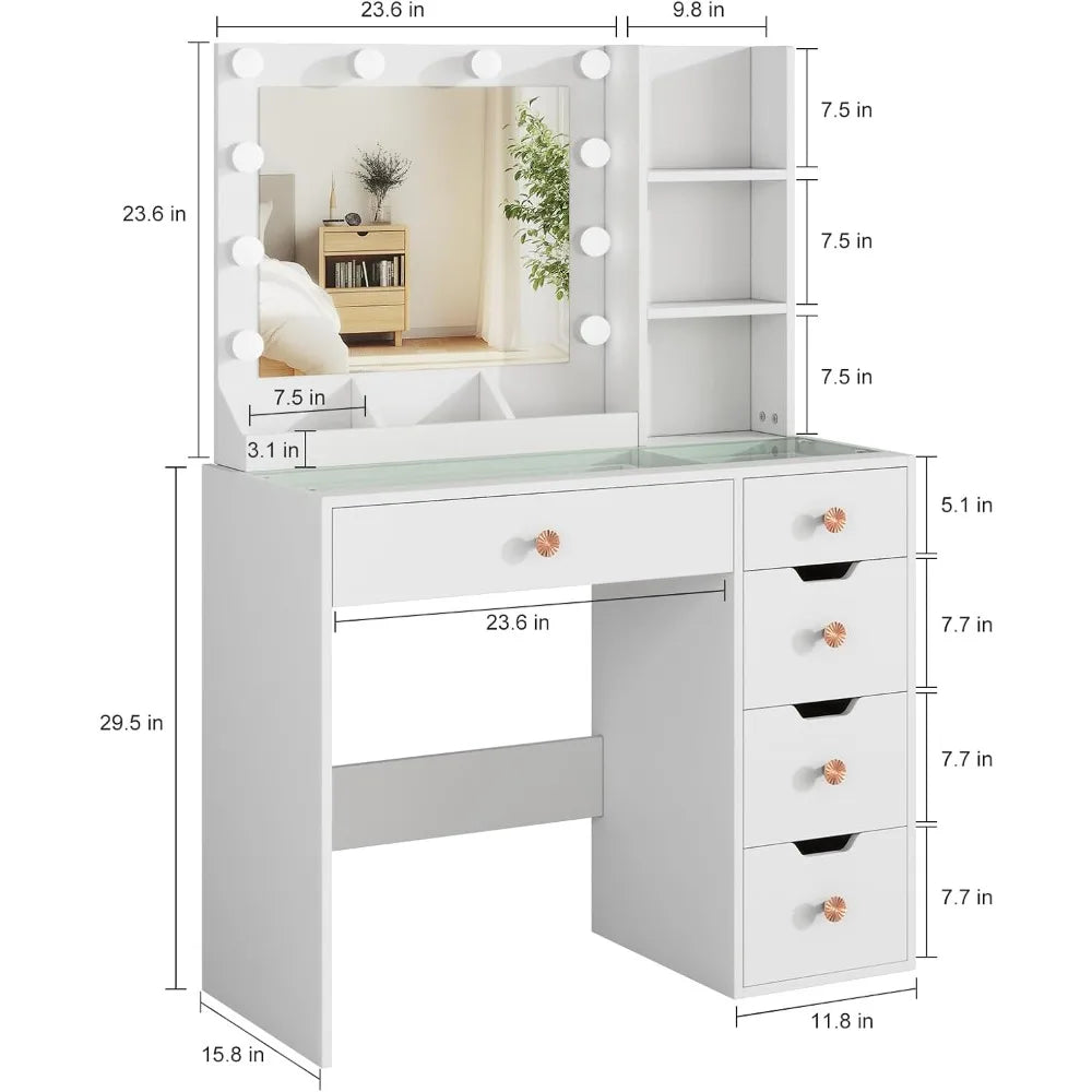 White Vanity Desk W/ Mirror & Lights, Glass Top, 5 Drawers, 3 Modes Dimmable LED