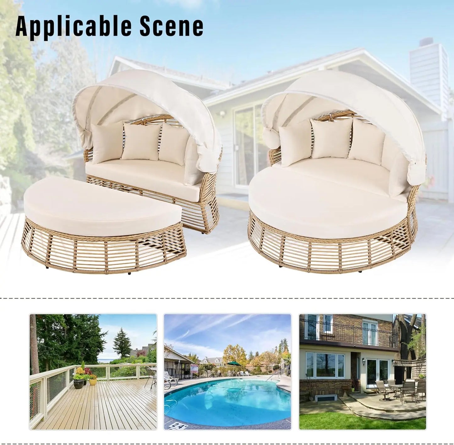 Outdoor Patio Rattan Round Daybed with Retractable Canopy Wicker Furniture