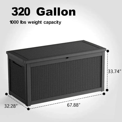 320 Gallon Deck Box, Outdoor Large Waterproof Resin Storage Box W/ Lockable Lid
