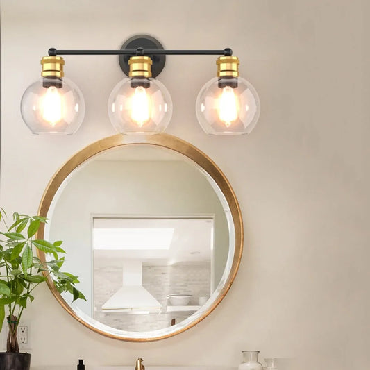 3-light Vanity Bathroom Light w/ 7" Round Clear Glass Shade Vintage Wall Sconce