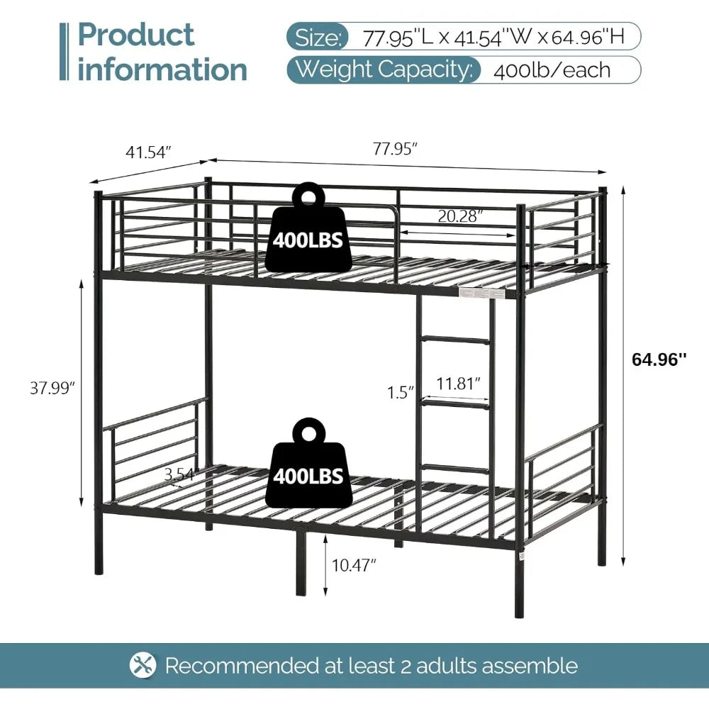 twin over twin heavy duty bunk bed W / flat ladder and 13" high guardrail for kids, teens, and adults